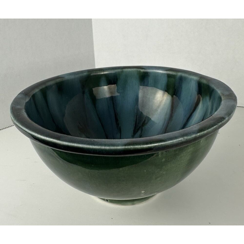 Dryden Pottery Blue Swirl Teal & Green Drip Glaze Bowl 7” Wide